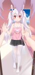  +_+ 1girl animal_ears artist_name azur_lane bare_arms bare_shoulders black_skirt blush camisole chinese_commentary collarbone commentary_request dated fake_animal_ears female_pov flat_chest full_body hair_between_eyes highres indoors laffey_(azur_lane) long_hair miniskirt mirror no_shoes pantyhose parted_lips pink_camisole pleated_skirt pov rabbit_ears red_eyes reflection side_slit skirt standing thighband_pantyhose toes twintails white_hair white_pantyhose xiao_shi_lullaby 