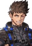  1boy belt brown_eyes brown_hair facial_hair goatee hungry_clicker jacket looking_at_viewer muscular muscular_male one_eye_closed rex_(xenoblade) scar scar_across_eye smile solo spiked_hair upper_body xenoblade_chronicles_(series) xenoblade_chronicles_3 xenoblade_chronicles_3:_future_redeemed 