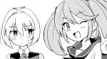  2girls greyscale hair_bobbles hair_intakes hair_ornament kantai_collection monochrome multiple_girls neck_ribbon one_eye_closed open_mouth ponytail r-king ribbon sazanami_(kancolle) sazanami_kai_(kancolle) school_uniform serafuku shiranui_(kancolle) short_hair smile twintails upper_body v vest wrist_cuffs 