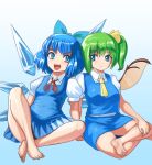  2girls ascot barefoot blue_dress blue_hair blue_skirt blue_vest cirno closed_mouth commentary daiyousei detached_wings dress english_commentary fairy_wings full_body gradient_background green_hair highres ice ice_wings indian_style looking_at_another multiple_girls open_mouth profitshame shirt short_hair short_sleeves side_ponytail sitting skirt smile touhou variant_set vest white_shirt wings yellow_ascot 