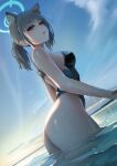  1girl absurdres animal_ears artist_name ass back bare_shoulders black_hair black_one-piece_swimsuit blue_archive blue_eyes blue_sky blush breasts cloud competition_swimsuit cowboy_shot day extra_ears from_behind from_side grey_hair halo highres huykho192 long_hair looking_at_viewer looking_back medium_breasts ocean one-piece_swimsuit open_mouth outdoors parted_lips ponytail pool shiroko_(blue_archive) shiroko_(swimsuit)_(blue_archive) short_hair sky solo standing swimsuit thighs twintails wading water wet wolf_ears 