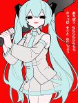  1girl alternate_eye_color armpit_crease black_eyes blue_hair blue_necktie bokura_no_kinenbi_(vocaloid) club_(weapon) collared_shirt commentary detached_sleeves empty_eyes grey_shirt grey_skirt grey_sleeves hair_ornament half-closed_eyes hands_up hatsune_miku holding_club long_hair looking_at_viewer lyrics milk_(milk319319) necktie open_mouth over_shoulder pleated_skirt red_background red_pupils shirt simple_background skirt sleeveless sleeveless_shirt smile solo spiked_club tie_clip translation_request twintails vocaloid weapon weapon_over_shoulder 