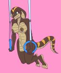  anthro areola athletic barely_visible_genitalia barely_visible_pussy big_breasts breasts brown_body cobra dragonoscuro203 exercise female genitals green_eyes hi_res nipples nude pussy reptile scalie shandi snake snake_hood solo stripes tail workout 
