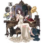  1girl bare_legs barefoot blue_eyes breasts brown_hair cleavage crossed_legs feet flower flower_pot full_body holding holding_phone holding_photo honkai_(series) honkai_impact_3rd indoors irene_adler_(honkai_impact) legs long_hair mirror night official_art phone photo_(object) reflection sitting table third-party_source toenails toes transparent_background 
