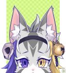  1girl :&lt; animal_ear_fluff animal_ears animal_nose bell black_hairband blonde_hair braid cat_ears cat_girl cat_skull checkered_background commentary dated furry furry_female green_background grey_fur grey_hair hair_ornament hairband heterochromia high_ponytail highres jingle_bell ko_myth multicolored_hair pillarboxed purple_eyes purple_hair quantum_(housamo) self-upload signature skull_hair_ornament solo tokyo_afterschool_summoners yellow_eyes 