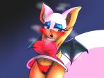  4:3 amy_rose anthro bat bat_wings big_breasts blue_background blue_eyeshadow blush breasts clothing cosplay dress eyeshadow female fur green_eyes hands_behind_head makeup mammal membrane_(anatomy) membranous_wings navel nes_panda nipple_outline open_mouth panties red_clothing red_dress red_panties red_underwear rouge_the_bat sega simple_background solo sonic_the_hedgehog_(series) steam tan_body tan_fur thick_thighs underwear upskirt white_body white_fur wide_hips wings 
