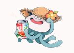  ^_^ brown_headwear can closed_eyes commentary_request dragon_quest drink flower food fruit hat hat_flower holding holding_can linne_(hld_doreko) man_o&#039;_war_(dragon_quest) no_humans open_mouth orange_flower simple_background smile solo straw_hat watermelon white_background 