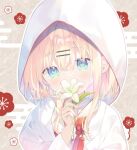  blonde_hair blue_eyes brown_background commentary_request covered_mouth egasumi floral_background flower hair_between_eyes hair_ornament hairclip hand_up holding holding_flower hood hood_up japanese_clothes kimono long_sleeves looking_at_viewer mayu_(yuizaki_kazuya) original upper_body white_flower white_kimono wide_sleeves yuizaki_kazuya 