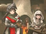 armor balance_scale_print bassinet belt brown_hair cauldron fireplace gambeson gauntlets gloves habit helmet highres ironlily jug_(bottle) lady_lucerne_(ironlily) long_hair medieval milk multiple_girls ordo_mediare_sisters_(ironlily) standing surcoat table twin_braids_sister_(ironlily) 