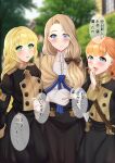  3girls :d absurdres annette_fantine_dominic black_bow black_jacket black_skirt blonde_hair blue_eyes blurry blurry_background blush bow brown_capelet capelet commentary_request fire_emblem fire_emblem:_three_houses garreg_mach_monastery_uniform green_eyes hair_bow hand_up highres ingrid_brandl_galatea jacket long_hair looking_at_viewer mercedes_von_martritz multiple_girls open_mouth orange_hair outdoors shirt short_hair skirt skirt_set smile tara_(szzj7733) translation_request very_long_hair white_shirt 