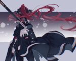  1girl black_dress black_ribbon dress hair_ribbon long_hair mao_(expuella) ponytail punishing:_gray_raven red_hair ribbon sheath sheathed vera_(punishing:_gray_raven) very_long_hair 