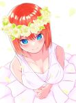  1girl bare_shoulders blue_eyes blurry breasts cleavage closed_mouth commentary_request depth_of_field dress eyebrows_hidden_by_hair eyelashes falling_leaves flower flower_wreath foreshortening from_above go-toubun_no_hanayome hair_between_eyes head_wreath large_breasts leaf light_blush looking_at_viewer medium_hair nakano_yotsuba official_alternate_costume orange_hair own_hands_together pov rose simple_background smile solo sparkling_eyes standing straight_hair upturned_eyes v_arms wedding wedding_dress white_background white_dress white_flower white_rose yayoi_(dygk8777) 