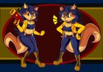  abstract_background absurd_res anthro belt blackmore bottomwear breasts canid canine carmelita_fox clothing female footwear fox hi_res jewelry mammal navel necklace pants raised_tail sly_cooper_(series) sony_corporation sony_interactive_entertainment sucker_punch_productions tail torso 