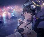  1girl absurdres animal_ears bare_shoulders black_choker black_hair blue_archive blunt_bangs blurry blurry_background blush boat breasts camisole choker city city_lights cityscape cleavage closed_mouth collarbone dog_ears dog_girl eyewear_on_head goggles goggles_on_head hair_bobbles hair_ornament halo hibiki_(blue_archive) highres kbm9719 long_sleeves looking_at_viewer night off_shoulder outdoors river sidelocks smile solo spaghetti_strap strap_slip twintails upper_body watercraft yellow_halo 