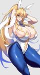  1girl absurdres ahoge animal_ears armpits arms_behind_head arms_up artoria_pendragon_(fate) artoria_pendragon_(swimsuit_ruler)_(fate) blonde_hair blue_pantyhose breasts cleavage clothing_cutout curvy detached_collar eyebrows_hidden_by_hair fake_animal_ears fate/grand_order fate_(series) green_eyes hair_between_eyes highleg highleg_leotard highres huge_breasts imuzi leotard long_hair navel navel_cutout pantyhose ponytail simple_background solo thighs tiara white_leotard wrist_cuffs 