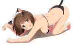  1girl animal_ears bent_over bikini cat_ears cat_tail fake_animal_ears fake_tail fang frills green_eyes highres idolmaster idolmaster_cinderella_girls idolmaster_cinderella_girls_starlight_stage kontamineishon maekawa_miku maid_bikini maid_headdress paw_pose short_hair swimsuit tail 