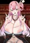  ass bandages breasts highres horns huge_ass idsk_you japanese_clothes kimono large_areolae large_breasts mature_female oni oni_horns original pink_hair red_eyes thick_thighs thighs tongue v 