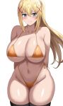  absurdres arms_behind_back bikini black_thighhighs blonde_hair blue_eyes blush breasts cleavage closed_mouth collarbone cowboy_shot darkness_(konosuba) hair_ornament highres jasony kono_subarashii_sekai_ni_shukufuku_wo! large_breasts long_hair looking_at_viewer navel orange_bikini ponytail side-tie_bikini_bottom sideboob simple_background smile stomach swimsuit thighhighs underboob white_background 