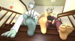  2022 3d_(artwork) 5_fingers 5_toes absurd_res anthro antlers barefoot beastars blue_scarf bottomwear brown_bottomwear brown_clothing brown_nails brown_pants brown_shirt brown_topwear canid canine canis ceiling claws clothing colored_nails countershade_face countershading deer digital_media_(artwork) duo feet fingers foot_fetish foot_focus fur grey_body grey_fur grey_tie hi_res horn humanoid_feet humanoid_hands legoshi_(beastars) lights looking_at_viewer louis_(beastars) macropogsfm male mammal nails necktie pants penetration plantigrade prick_ears railing scarf shadow shirt signature sitting sitting_on_steps snout soles tan_body toe_claws toe_curl toenails toes topwear white_claws white_clothing white_shirt white_topwear white_walls window wolf 