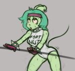  2019 adult_fink aged_up anthro biped black_nose bodily_fluids bracelet breasts cartoon_network clothed clothing collar ear_piercing ear_ring english_text exercise eye_roll female fink_(ok_k.o.!_lbh) floppy_ears gloves green_body green_hair hair handwear jewelry leotard long_hair mammal murid murine ok_k.o.!_let&#039;s_be_heroes open_mouth piercing rat ring_piercing rodent simple_background solo spiked_bracelet spiked_collar spikes standing stupidgnoll suggestive suggestive_pose suggestive_topwear sweat sweatband text text_on_clothing text_on_topwear thin_tail topwear 