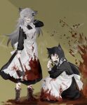  2girls alternate_costume animal_ear_fluff animal_ears antenna_hair apron aqua_eyes arknights arm_rest axe back_bow between_fingers black_bow black_bowtie black_dress black_hair blood blood_on_axe blood_on_clothes blood_on_face blood_on_ground blood_on_wall blood_on_weapon blood_splatter boots bow bowtie brown_footwear buttons cigarette closed_mouth collared_dress commentary_request dress expressionless fangs food_on_body food_on_legs frilled_apron frills from_side full_body grey_hair hair_between_eyes hair_ornament hairclip hand_in_own_hair hand_up highres holding holding_axe holding_cigarette holding_weapon indoors invisible_floor itonatsu kneeling lappland_(arknights) long_hair long_sleeves looking_at_viewer looking_to_the_side maid maid_apron messy_hair multiple_girls open_mouth pale_skin scar scar_across_eye scar_on_face shoelaces sleeve_cuffs smile smoke smoke_trail smoking standing teeth texas_(arknights) upper_teeth_only wall wallpaper_(object) weapon white_apron white_bow wing_collar wolf_ears wolf_girl yellow_background yellow_eyes 