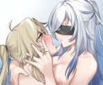  1boy 1girl absurdres age_difference blindfold blonde_hair blush breasts covered_eyes hand_on_another&#039;s_face highres honkai:_star_rail honkai_(series) imminent_kiss jingliu_(honkai:_star_rail) long_hair looking_at_another nipples nude ponytail saliva saliva_trail shion1350 white_hair yanqing_(honkai:_star_rail) yellow_eyes 