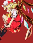  1girl absurdres blonde_hair blue_gemstone collared_shirt flandre_scarlet floating frilled_hat frilled_shirt frilled_sleeves frills gem glowing glowing_eyes hat hat_ornament hat_ribbon highres jewelry laevatein_(touhou) medium_hair mob_cap neckerchief pleated_skirt ponytail puffy_short_sleeves puffy_sleeves purple_gemstone red_background red_eyes red_footwear red_gemstone red_ribbon red_skirt red_vest ribbon shaded_face shirt shoes short_sleeves side_ponytail simple_background sitting skirt so_happy_64 touhou vampire vest white_headwear white_shirt wings yellow_gemstone yellow_neckerchief 
