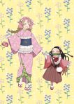  2girls alternate_costume bamboo bit_gag black_hair blush braid brown_hair gag gradient_hair green_hair hair_ribbon highres holding_hands japanese_clothes kamado_nezuko kanroji_mitsuri kimetsu_no_yaiba kimono long_hair long_skirt long_sleeves mole mole_under_eye multicolored_hair multiple_girls open_mouth open_smile opi_721 pink_hair pink_kimono pink_ribbon ribbed_socks ribbon skirt smile socks twin_braids very_long_hair white_socks wide_sleeves 