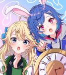  2girls ahoge animal_ears blonde_hair blue_eyes blue_hair blush clock dolphin_hair_ornament highres hood hoodie long_hair mugimugigo multiple_girls nijisanji nishizono_chigusa pink_eyes rabbit_ears short_hair todo_kohaku 