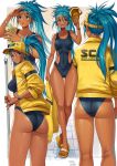  1girl aqua_hair ass baseball_cap black_one-piece_swimsuit border bottle breasts clothing_cutout collarbone commentary cropped_legs dark-skinned_female dark_skin dated english_commentary from_behind full_body hat high_ponytail highres holding holding_bottle holding_clothes holding_hat holding_jacket jacket long_hair looking_at_viewer multiple_views navel one-piece_swimsuit open_clothes open_jacket open_mouth original outside_border roonsheen side_cutout signature star_(symbol) sweat swimsuit watch wristwatch yellow_headwear yellow_jacket 