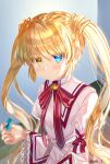  1girl :&lt; blonde_hair blue_eyes blush closed_mouth colored_eyelashes commentary_request commission dress eyes_visible_through_hair frilled_sleeves frills frown hair_between_eyes hand_up happy heterochromia highres holding holding_whistle indoors jitome juliet_sleeves kazamatsuri_institute_high_school_uniform long_hair long_sleeves looking_at_viewer nakatsu_shizuru pink_dress puffy_sleeves red_ribbon rewrite ribbon school_uniform skeb_commission solo twintails twitter_username upper_body upturned_eyes variant_set very_long_hair whistle wide_sleeves yellow_eyes zuzuhashi 