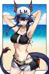  1girl adjusting_hair arknights arms_behind_head bare_shoulders baseball_cap belt bikini black_bikini breasts ch&#039;en_(arknights) closed_mouth collarbone commentary_request dragon_girl dragon_horns dragon_tail female_tourist_c_(arknights) hair_between_eyes hat horns horns_through_headwear multi-strapped_bikini mutumijoruri navel purple_hair red_eyes shorts solo standing stomach swimsuit tail white_shorts 