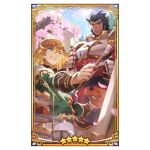  2boys armor bara blonde_hair blue_sky breastplate brown_eyes brown_hair cup dragalia_lost easel emile_(dragalia_lost) flower food green_eyes holding holding_cup holding_paintbrush holding_palette holding_plate long_sideburns looking_at_object male_focus misossu multiple_boys official_art one_eye_closed open_mouth paint paintbrush painting_(action) painting_(medium) palette_(object) pastry plate sideburns sky smile star_(symbol) sun sun_glare teacup tiered_tray traditional_media tree valyx_(dragalia_lost) 