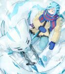  1boy blue_mittens blue_scarf boots chien-pao closed_eyes commentary_request curled_up day eyelashes from_above green_pants grusha_(pokemon) highres jacket long_hair long_sleeves male_focus outdoors pants parted_lips pokemon pokemon_(creature) pokemon_(game) pokemon_sv scarf signature snow snowing striped striped_scarf yellow_jacket yuu_(hguy_sv) 