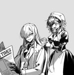  2girls black_gloves blush brushing_hair fate/grand_order fate_(series) gloves grey_background greyscale hair_over_one_eye holding holding_brush holding_newspaper long_hair long_sleeves looking_at_another maid monochrome multiple_girls mysterious_ranmaru_x_(fate) newspaper oda_nobunaga_(fate) oda_nobunaga_(maou_avenger)_(fate) sempon_(doppio_note) sharp_teeth sidelocks simple_background smile smirk suit teeth 