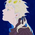  1boy alternate_hairstyle blonde_hair blue_eyes collar earrings flat_color frilled_collar frills giorno_giovanna hair_ribbon jewelry jojo_no_kimyou_na_bouken limited_palette lowres male_focus morikiri ponytail profile ribbon solo vento_aureo 