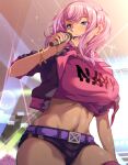  absurdres belt belt_buckle black_jacket black_shorts blue_eyes breasts buckle concert crop_top cropped_jacket dark-skinned_female dark_skin fingernails gyaru highres holding holding_microphone idol jacket large_breasts lens_flare looking_to_the_side medium_hair microphone midriff multicolored_clothes multicolored_jacket music nail_polish open_clothes open_jacket open_mouth original pink_hair pink_jacket pink_shirt purple_belt shirt short_shorts shorts sidelocks singing skindentation sparkle standing sweat tan teeth thighhighs thighs twintails white_nails wristband x36marubox 