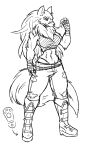  abs anthro bandage bandaged_arm boots bottomwear breasts canid canine canis claws clothing female footwear hi_res mammal pants rakkuguy scar shirt solo topwear velvela wolf 