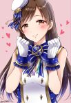  1girl bare_shoulders blue_bow blue_bowtie blue_ribbon blush bow bowtie breasts brown_eyes brown_hair clenched_hands closed_mouth dot_nose gen_(enji) gold_trim gold_trim_bow hands_up hat hat_ornament hat_ribbon heart idolmaster idolmaster_cinderella_girls idolmaster_cinderella_girls_starlight_stage long_hair looking_at_viewer medium_breasts nitta_minami pink_background ribbon shirt simple_background sleeveless sleeveless_shirt smile solo star_(symbol) star_hat_ornament twitter_username two-tone_gloves upper_body white_headwear white_shirt 