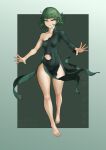  1girl absurdres artist_name barefoot black_background black_dress breasts covered_navel dated dress full_body gogo_(gogo_23) green_hair grey_background highres long_sleeves one-punch_man shiny_clothes short_hair single_bare_shoulder small_breasts smile solo tatsumaki teeth torn_clothes torn_dress translation_request 
