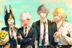  4boys ahoge alhaitham_(genshin_impact) alternate_costume animal_ear_fluff animal_ears artist_name autumn_leaves bag belt bird black_belt black_bow black_hair black_jacket black_necktie blonde_hair blue_eyes blue_sky blunt_ends book bouquet bow brown_bag buttons can closed_eyes closed_mouth cloud cloudy_sky collarbone collared_jacket collared_shirt crossed_arms cyno_(genshin_impact) dark-skinned_male dark_skin day earrings fingernails flower flying formal fox_boy fox_ears genshin_impact green_hair grey_hair grey_necktie grey_pants hair_between_eyes hair_over_one_eye hand_up highres holding holding_book holding_bouquet holding_can jacket jewelry kaveh_(genshin_impact) kelesz0906 leaf_earrings long_fingernails long_hair long_sleeves looking_at_another male_focus multicolored_hair multiple_boys necktie no_headwear open_clothes open_jacket open_mouth outdoors pants red_eyes shirt short_hair single_earring sky smile standing star_(symbol) star_print striped striped_necktie suit sunflower tighnari_(genshin_impact) tongue two-tone_hair v-shaped_eyebrows watermark white_shirt wing_collar wings 