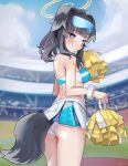  1girl absurdres animal_ears arm_tattoo ass black_hair blue_archive blue_sky blunt_bangs bracelet breasts cheerleader cloud cloudy_sky commentary_request dog_ears dog_girl dog_tail eyewear_on_head fosqie from_behind grey_eyes halo hibiki_(blue_archive) hibiki_(cheerleader)_(blue_archive) highres holding holding_pom_poms jewelry long_hair looking_at_viewer looking_back midriff official_alternate_costume outdoors panties pantyshot pleated_skirt pom_pom_(cheerleading) ponytail short_sleeves sideboob sidelocks skirt sky sleeveless solo stadium sunglasses tail tattoo underwear wavy_mouth 