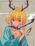  1girl antlers black_collar blonde_hair blue_shirt collar commentary earrings echu_8742 expressionless fingernails grey_background hair_between_eyes highres holding holding_smoking_pipe jewelry kicchou_yachie kiseru long_sleeves looking_at_viewer medium_bangs open_mouth purple_nails red_eyes shirt short_hair single_earring smoking_pipe solo tassel tassel_earrings touhou upper_body wide_sleeves 