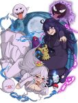  2girls black_dress black_hair blue_fire blush boo_(mario) closed_eyes crossover dont903 dress embarrassed fire gastly gloves hair_between_eyes hex_maniac_(pokemon) highres litwick mario_(series) messy_hair mimikyu moon multiple_girls new_super_mario_bros._u_deluxe poke_ball pokemon princess_king_boo purple_fire purple_nails red_eyes sharp_teeth super_crown teeth tongue tongue_out white_dress white_gloves 
