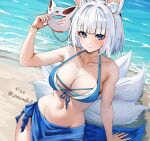  1girl animal_ears azur_lane bare_shoulders beach bikini blue_bikini blue_eyes blush breasts cleavage collarbone dated fox_ears fox_mask fox_tail holding holding_mask kaga_(azur_lane) kaga_(everlasting_killing_stone)_(azur_lane) large_breasts looking_at_viewer mask multiple_tails navel paundo2 sarong short_hair smile solo swimsuit tail water white_hair 