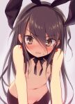  1girl animal_ears bare_shoulders black_hair black_hairband blush brown_eyes commentary_request earrings fake_animal_ears fang flat_chest grey_background hair_between_eyes hairband jewelry kotsu long_hair looking_at_viewer meme_attire navel nipples nose_blush open_mouth out-of-frame_censoring rabbit_ears reverse_bunnysuit reverse_outfit shakugan_no_shana shana simple_background solo very_long_hair wavy_mouth 