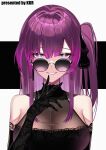  1girl bare_shoulders black_dress black_gloves black_ribbon breasts commentary_request dress elbow_gloves gloves grin hair_ribbon highres honkai:_star_rail honkai_(series) kafka_(honkai:_star_rail) large_breasts long_hair looking_at_viewer one_side_up purple_eyes purple_hair ribbon round_eyewear sleeveless sleeveless_dress smile solo srpzk sunglasses upper_body 