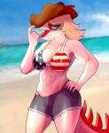  2023 abs american_flag_bikini anthro athletic athletic_anthro athletic_female beach bikini blonde_hair blue_eyes bottomwear breasts cleavage clothed clothing cowboy_hat cutoffs deadassspider denim denim_clothing detailed_background digital_drawing_(artwork) digital_media_(artwork) dinosaur eyelashes female fingers hadrosaurid hair hand_on_hip hand_on_own_hip hat headgear headwear hi_res i_wani_hug_that_gator long_tail looking_at_viewer mia_(iwhtg) multicolored_body multicolored_scales muscular muscular_anthro muscular_female ornithischian outside parasaurolophus red_body red_scales reptile scales scalie seaside shorts smile snout solo spikes spikes_(anatomy) stars_and_stripes swimwear tail two_tone_body two_tone_scales united_states_of_america white_body white_scales 