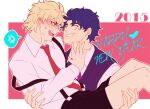  2015 2boys aged_down anger_vein black_shorts blonde_hair blue_hair blush carrying closed_eyes commentary_request dated dio_brando grin happy_new_year heart jojo_no_kimyou_na_bouken jonathan_joestar long_sleeves male_focus multiple_boys necktie ninoyoru phantom_blood princess_carry red_eyes red_necktie shirt short_hair shorts smile spoken_anger_vein suspenders vest white_shirt yaoi 