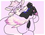  3_toes anthro avali avian blep blush butt expressions eyewear feathers feet full-length_portrait genitals glasses hi_res kerolink male penis pink_body pinup portrait pose presenting presenting_hindquarters purple_eyes shinystarshard solo tail toes tongue tongue_out 